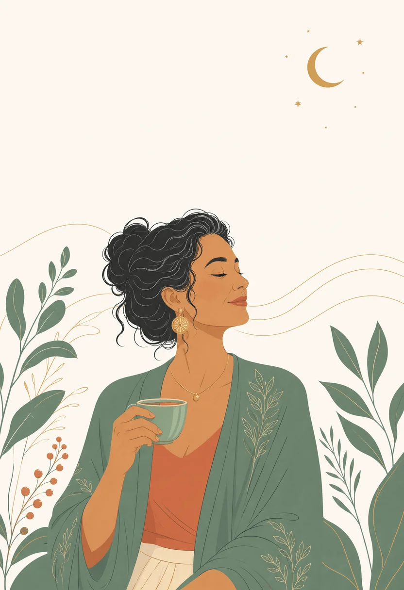 Ilustración editorial de una mujer en perfil con elementos botánicos y luna creciente